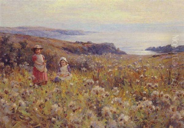 Children Gathering Flowers Near The Coast Oil Painting by Harold Joseph Swanwick