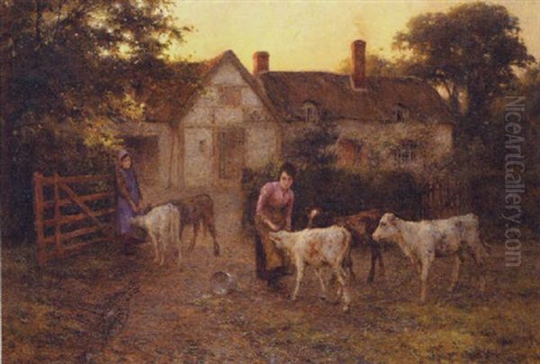 Feeding The Calves Oil Painting by Harold Joseph Swanwick