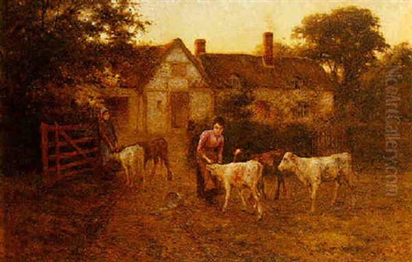 Feeding The Calves Oil Painting by Harold Joseph Swanwick