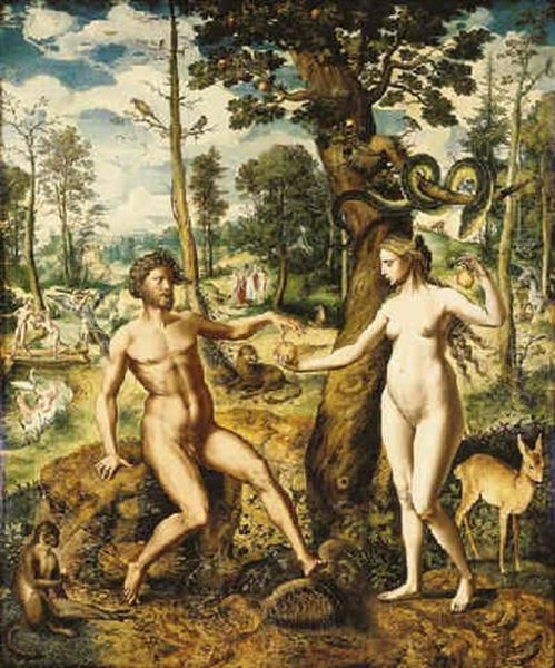 The Temptation, With The Rebuque And The Expulsion From The Garden Of Eden Beyond Oil Painting by Jan Swart Van Groningen