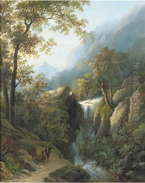 Travellers By A Waterfall Oil Painting by Cristianus Hendricus de Swart