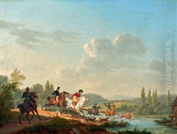 Scene De Chasse A Courre:  Le Bat De L'eau Oil Painting by Edouard Swebach