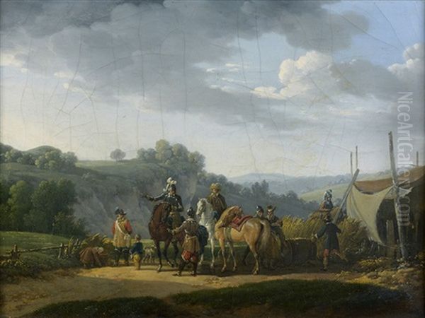 La Halte Des Cavaliers Et La Rencontre Entre Une Lavandiere Et Un Palefrenier (pair) Oil Painting by Jacques Francois Joseph Swebach-Desfontaines