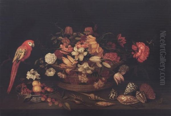 Lilies, A Crown Imperial, Tulips, Fritillaries, Roses And Other Flowers In A Basket, With A Wan-li Kraak Bowl With Fruit, A Parrot, Shells, A Lizard, And A Grasshopper On A Wooden Table Oil Painting by Hieronymus Sweerts