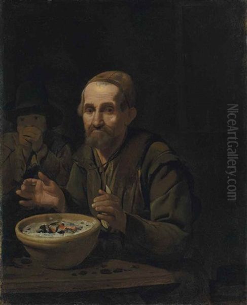 A Beggar Warming His Hands On A Pot Of Coal, With A Boy In An Interior Oil Painting by Michael Sweerts