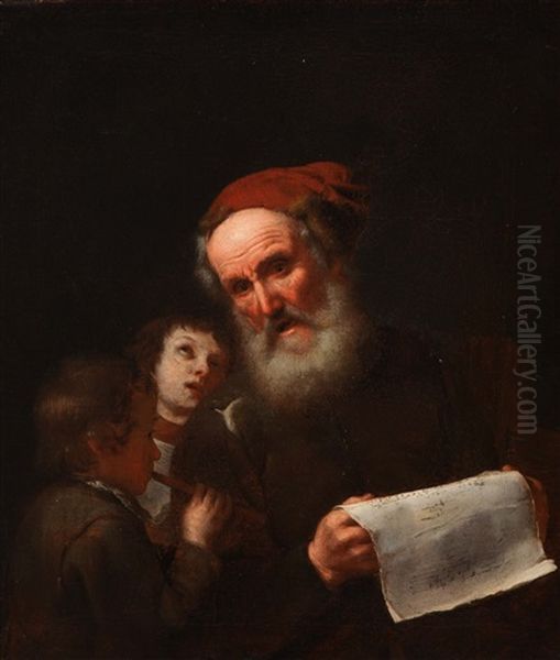 Old Man With Sheet Music And Two Young Men Making Music Oil Painting by Michael Sweerts