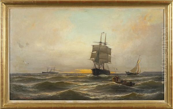 Ships At Sea Oil Painting by Christian Fredrik Swensson