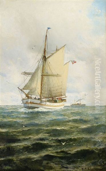 Norsk Skonare Med Unionsflagga Oil Painting by Christian Fredrik Swensson