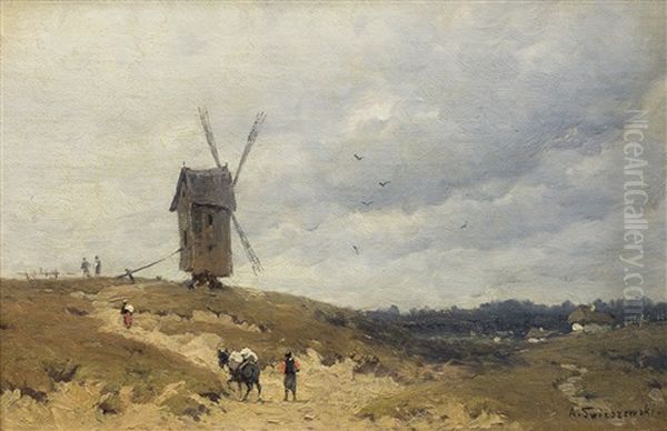 Landscape With Windmill Oil Painting by Alexander Swieszewski