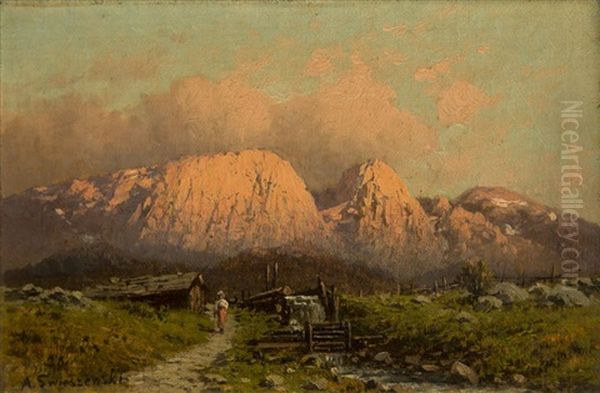 Giewont In Zakopane In A Sunset Oil Painting by Alexander Swieszewski