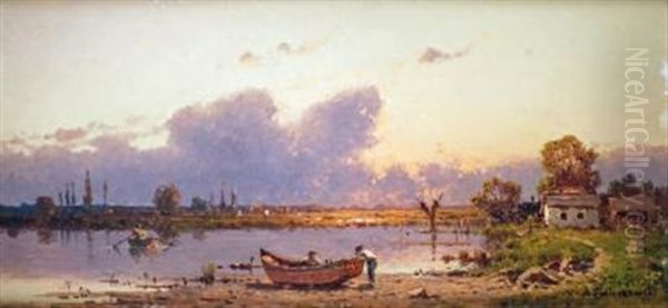 Barque Au Bord De L'etang Au Soleil Couchant Oil Painting by Alexander Swieszewski