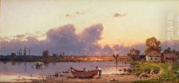 Pecheurs Au Soleil Couchant Oil Painting by Alexander Swieszewski