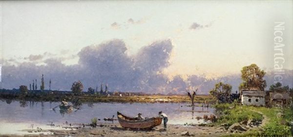 Barque Au Bord De L'etang Au Soleil Couchant Oil Painting by Alexander Swieszewski