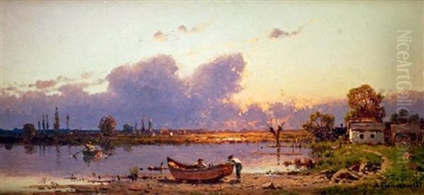 Barque Au Bord De L'etang Au Soleil Couchant Oil Painting by Alexander Swieszewski