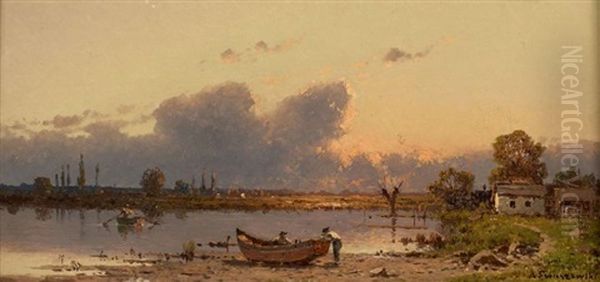 Barque Au Bord D'un Etang Oil Painting by Alexander Swieszewski