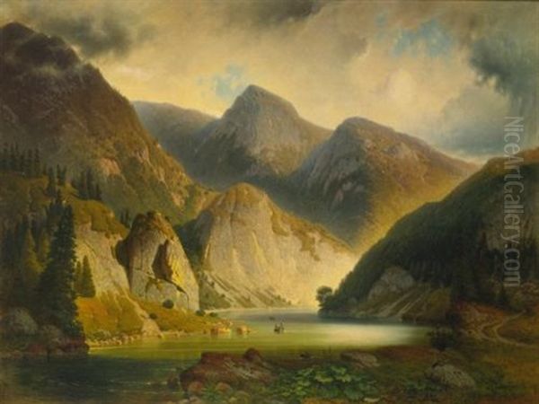 An Alpine Lake Oil Painting by Alexander Swieszewski