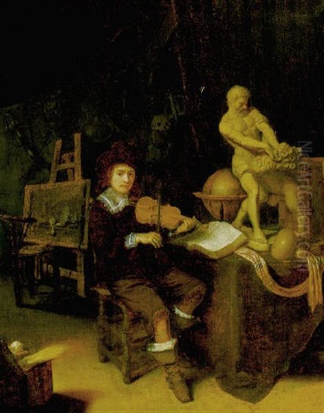 Self Portrait Of The Artist Seated, Playing A Violin Beside A Table With A Statue On It Oil Painting by Jan van Swieten