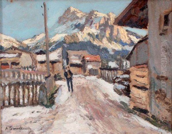 Promenade Dans Un Village De Montagne Enneige Oil Painting by Alfred Swieykowski