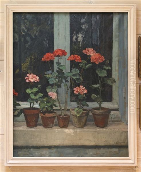 Geraniums On A Windowsill Oil Painting by Alfred Swieykowski