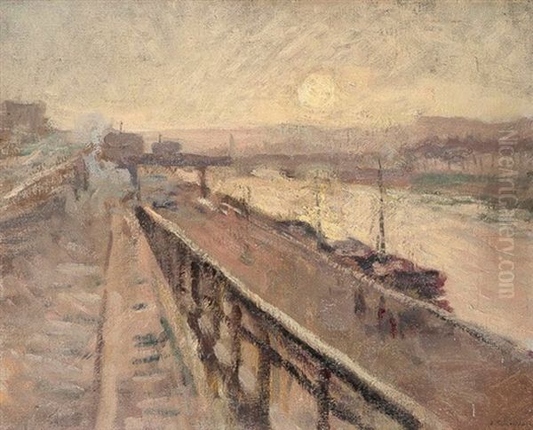 Paris, Couche De Soleil Sur La Seine Oil Painting by Alfred Swieykowski