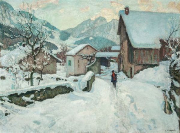 Figure In The Snow Oil Painting by Alfred Swieykowski