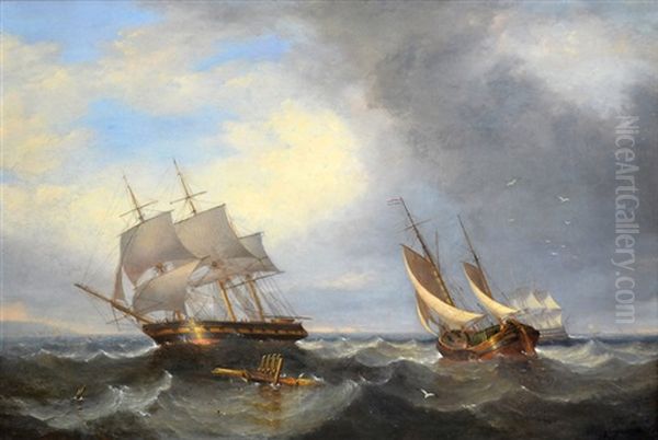 Men Of War And Other Shipping In A Heavy Swell Oil Painting by John Warkup Swift