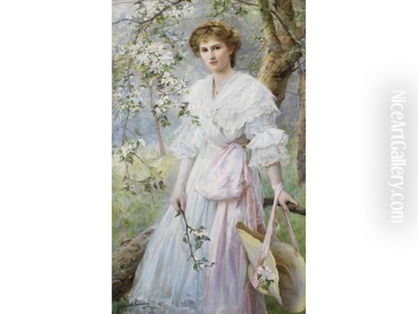 Portrait Of A Girl, Full Length, Amongst Blossom Oil Painting by George Hillyard Swinstead