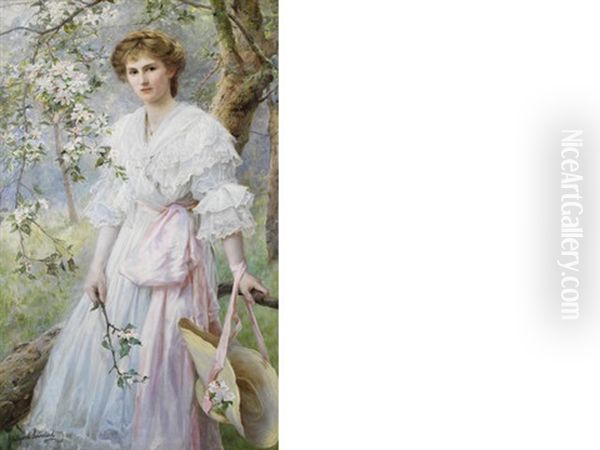 Portrait Of A Girl, Full Length, Amongst Blossom Oil Painting by George Hillyard Swinstead