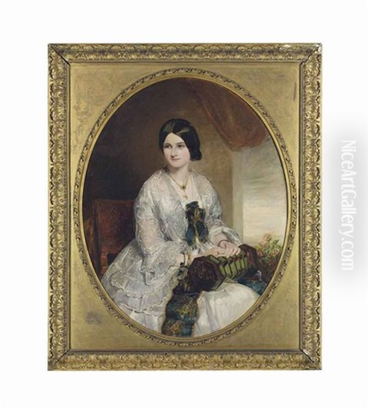 Portrait Of Lady Georgina Lygon, Three-quarter Length, In A White Dress With An Accordion Oil Painting by James Rannie Swinton