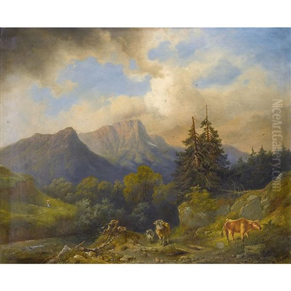 Weidende Kuhe Auf Der Alp Oil Painting by Rudolph Swoboda the Elder