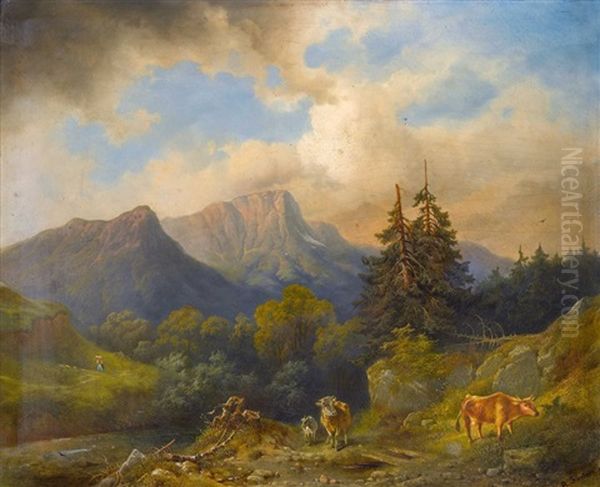 Weidende Kuhe Auf Der Alp Oil Painting by Rudolph Swoboda the Elder