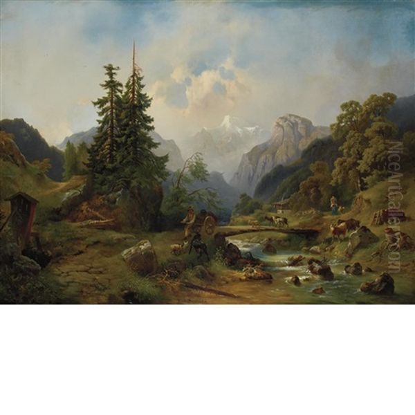 Idyllic Mountain Landscape Oil Painting by Rudolph Swoboda the Elder