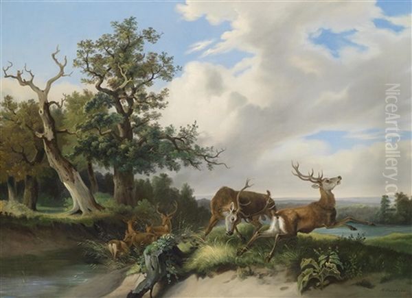 Rotwildrudel Vor Einer Weiten Landschaft Oil Painting by Rudolph Swoboda the Elder