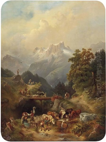 Festlicher Almabtrieb Im Hochgebirge Oil Painting by Rudolph Swoboda the Elder