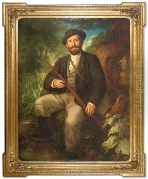 Self-portrait Seated At A River's Edge With A Fishing Pole Oil Painting by Rudolph Swoboda the Elder