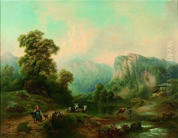 Alpenlandschaft Mit Hirten Oil Painting by Rudolph Swoboda the Elder