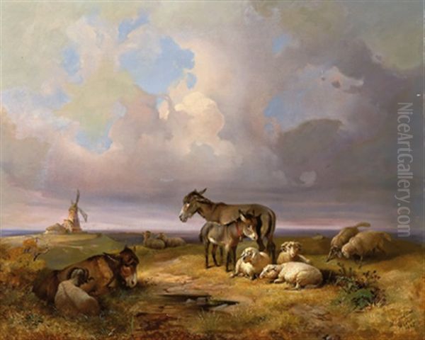 Weite Landschaft Mit Schafen, Eseln Und Einem Lagernden Rind by Rudolph Swoboda the Elder