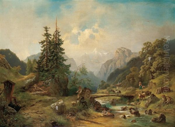 Idyllische Gebirgslandschaft Mit Hirten Und Weidevieh Oil Painting by Rudolph Swoboda the Elder