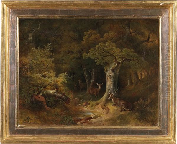 Red Deer By A Woodland Stream Oil Painting by Rudolph Swoboda the Younger