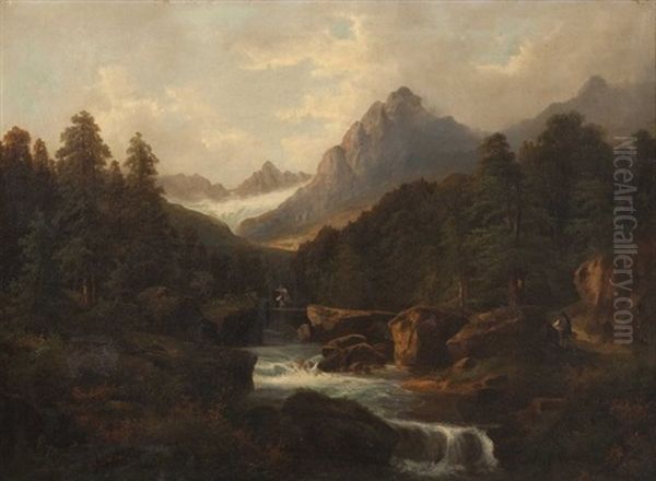 Alpine River Landscape With Figures Oil Painting by Rudolph Swoboda the Younger