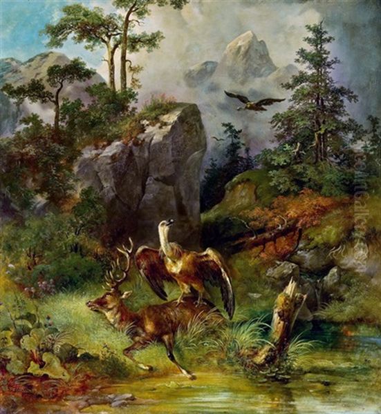 Erlegter Hirsch Mit Geier Oil Painting by Rudolph Swoboda the Younger