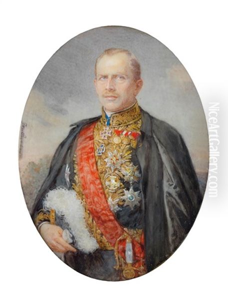 Bildnis Eines Ehepaars: Ludwig Freiherr Von Callenberg In Galauniform Und Orden Und Seine Frau Angelina Mit Diadem Und Perlkette (pair) Oil Painting by Josefine Swoboda