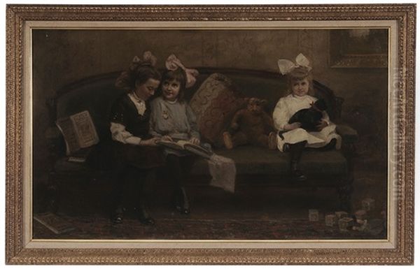 Three Girls Reading And Holding A Cat On A Sofa Oil Painting by James Brade Sword