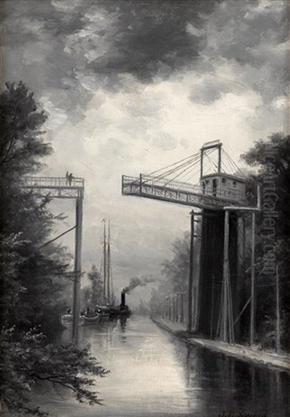 Delaware Canal Bridge Oil Painting by James Brade Sword