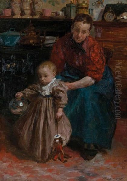 Mother And Child In Interior Oil Painting by Philippe Swyncop