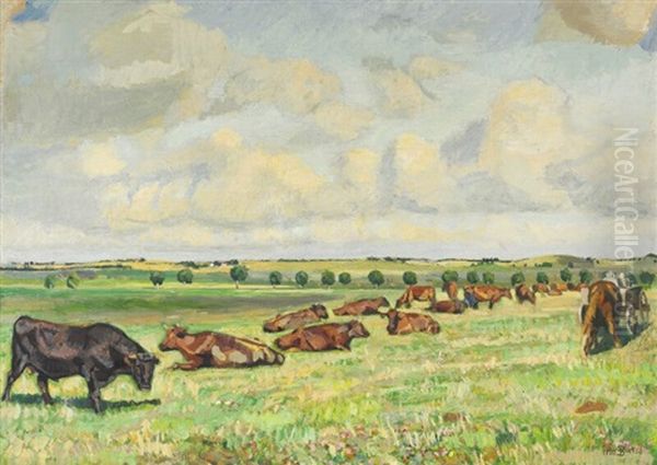 Landscape With Cows Grazing, Summer Oil Painting by Fritz Syberg