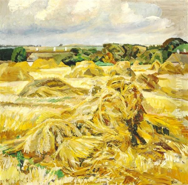 Harvest Scene, Sheaves Of Oats Near Pilegarden Oil Painting by Fritz Syberg