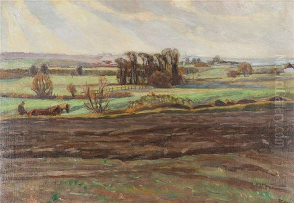 Landscape With A Farmer Ploughing His Field Oil Painting by Fritz Syberg