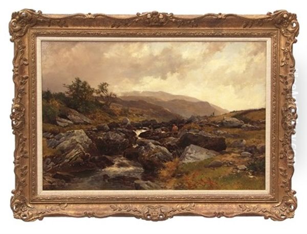 Welsh River Landscape With Angler Oil Painting by John Syer