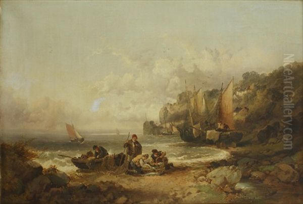 Fisherfolk On The Shore Oil Painting by John Syer